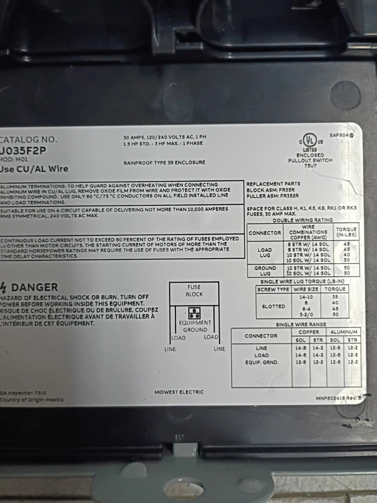 Midwest U035F2P Electric Products 30-Amp 120/240V Fused AC Disconnect OB READ