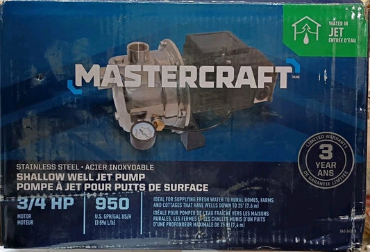 Mastercraft 3/4 HP Shallow Well Jet Pump Ships Fast Stainless Steel Parts Only
