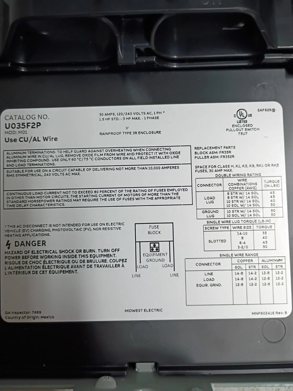 (2PK) Midwest U035F2P Electric Products 30-Amp 120/240V Fused AC Disconnect OB