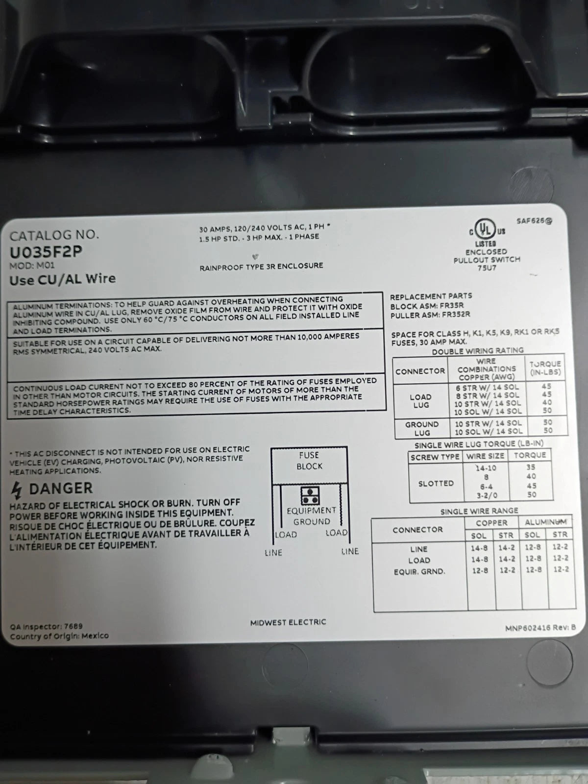 (2PK) Midwest U035F2P Electric Products 30-Amp 120/240V Fused AC Disconnect OB