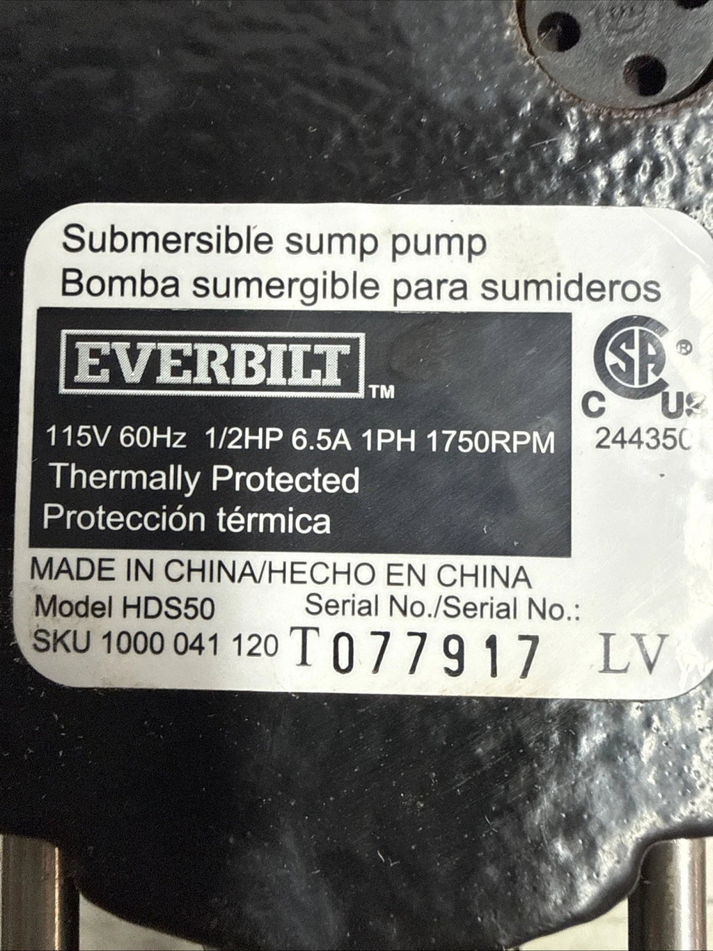 Everbilt HDS50 1/2 HP Cast Iron Submersible Sump Pump Used Good Condition