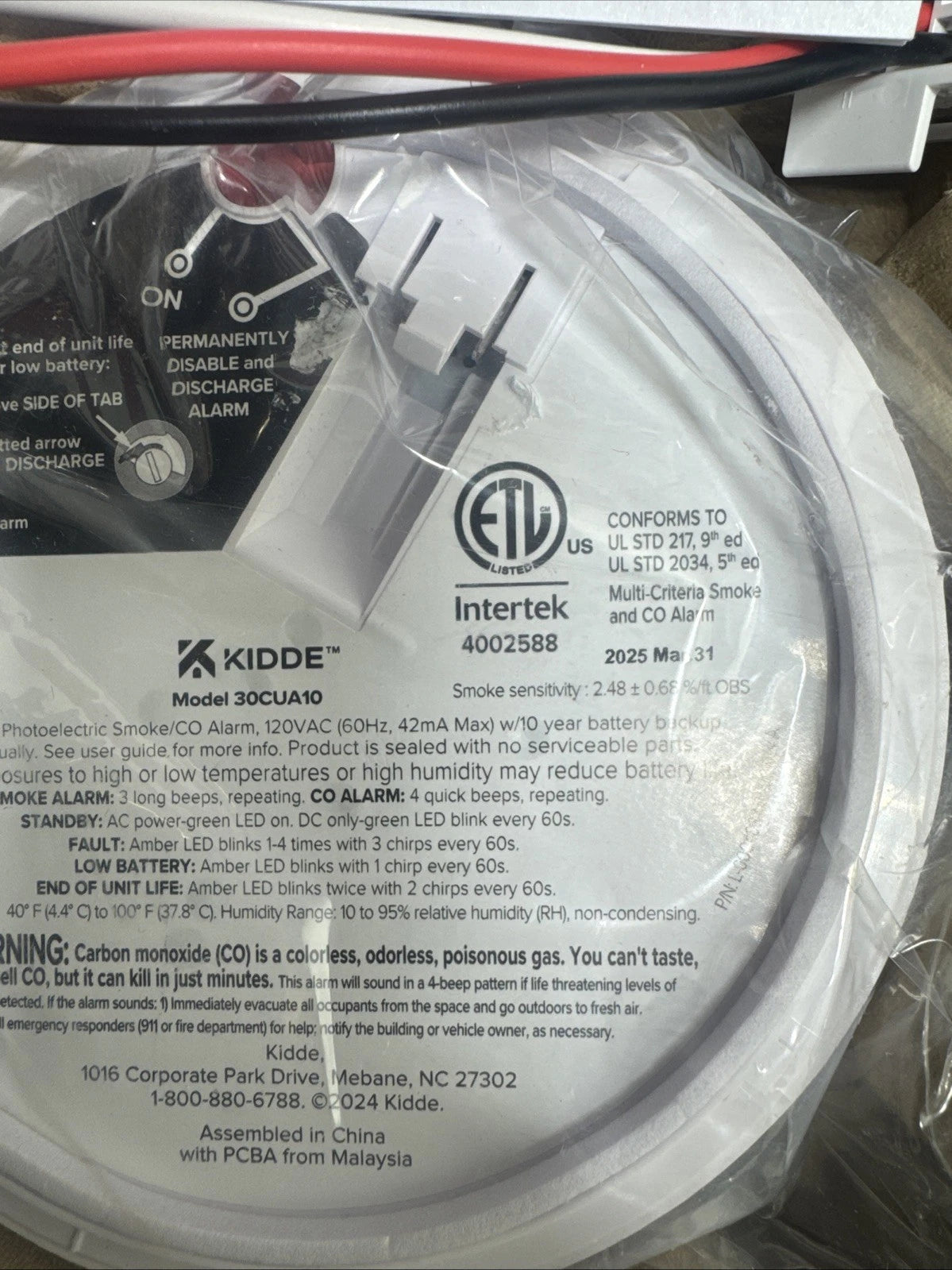 Kidde Combination Photoelectric Smoke & Carbon Monoxide Alarm 30CUA10