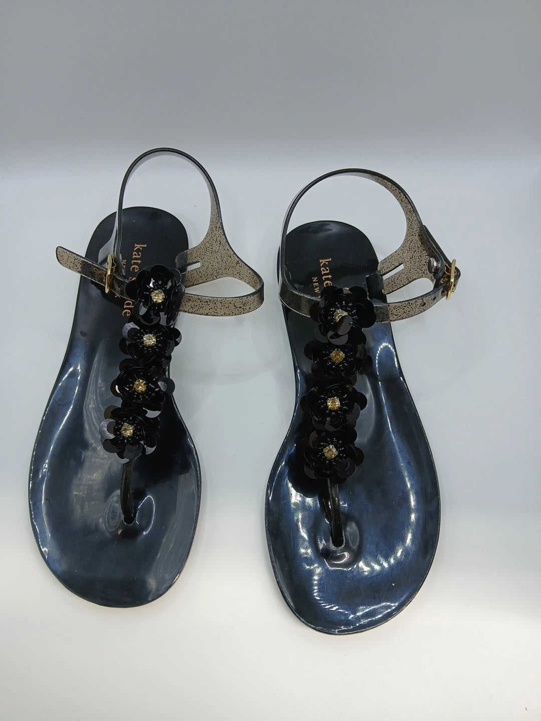 Kate Spade Black Sandals Women Size 6m Thong Style With Flower Detail