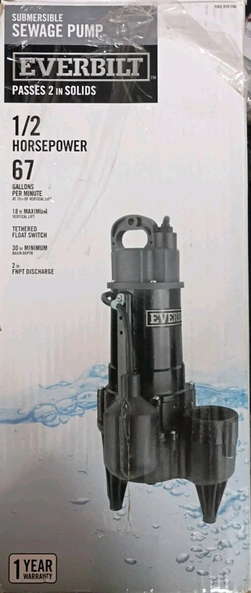 Everbilt 1/2 HP Submersible Sewage Ejector Pump (HDRSW50) Tethered Switch Used