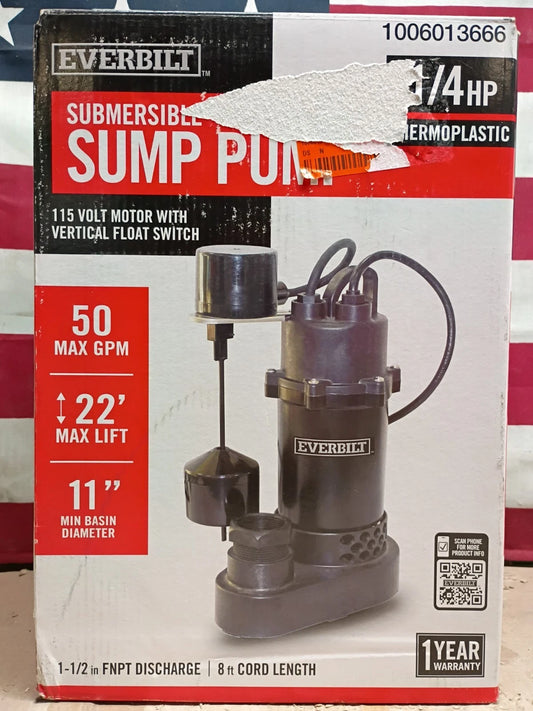 Everbilt HDSP25V 1/4 HP Submersible Sump Pump Thermoplastic, Open Box.