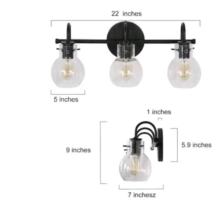 LNC A04099 3-Light 22" Black Bathroom Vanity Light Clear Globe Glass Shades OB