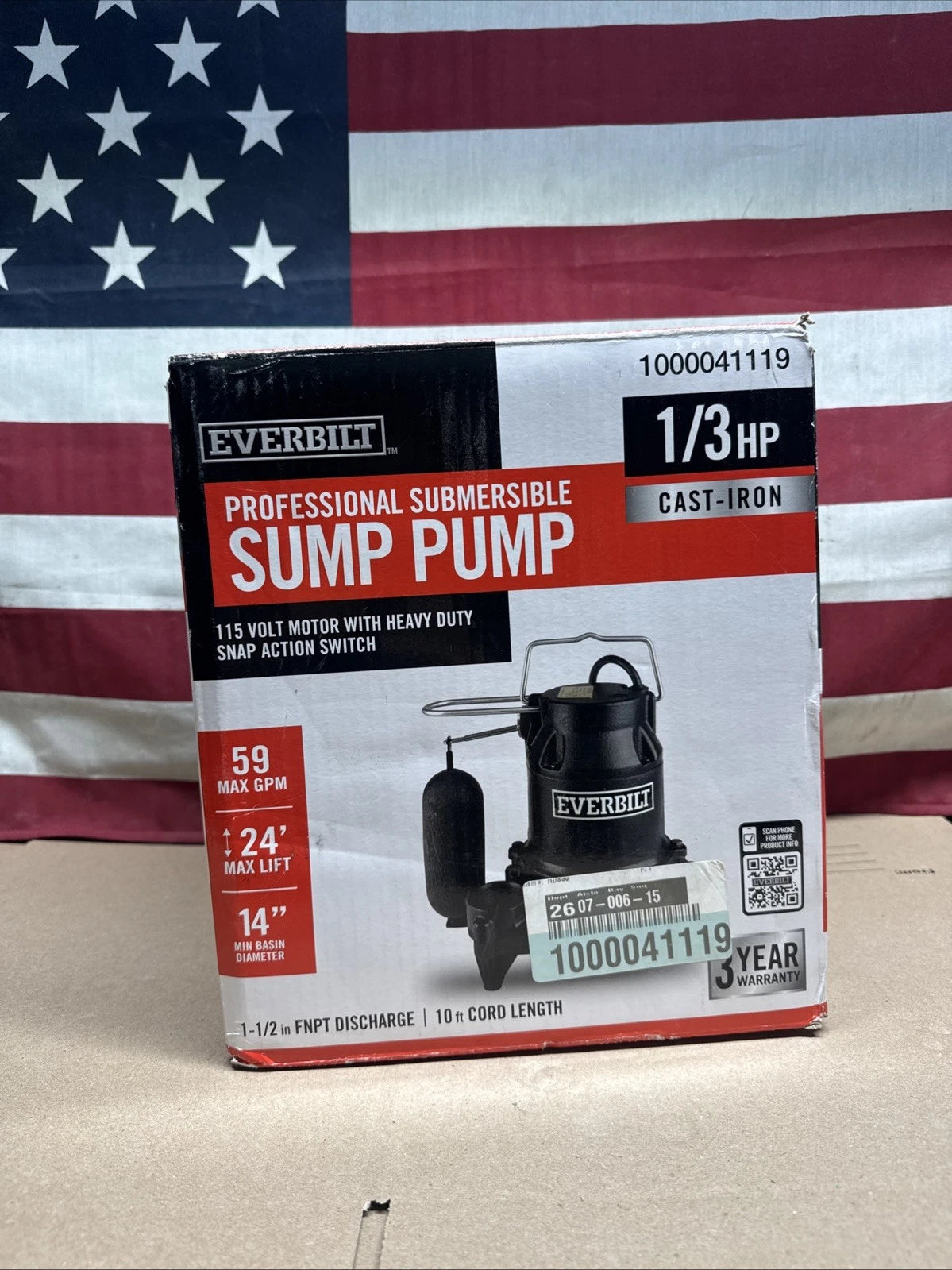 Everbilt 1/3 HP Cast Iron Submersible Sump Pump HDS30 Open Box
