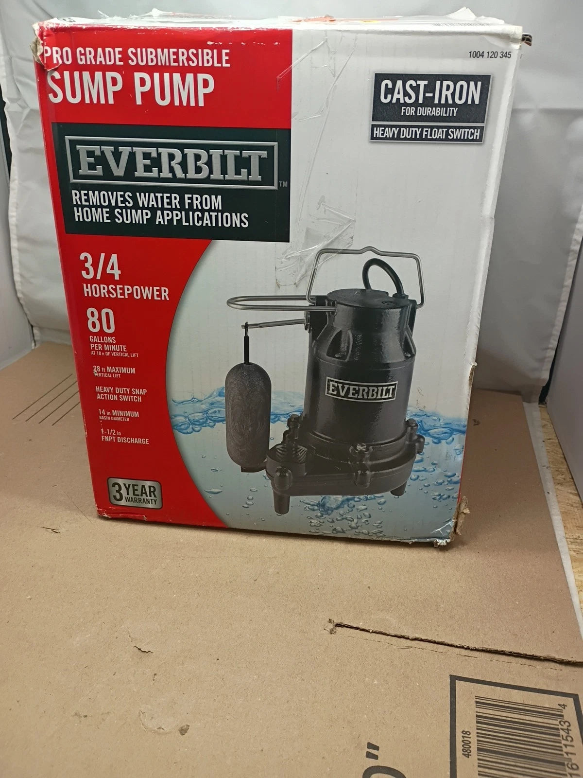 Everbilt 3/4HP Cast-Iron Pro-Grade Submersible Sump Pump 1004 120 345 HDS75