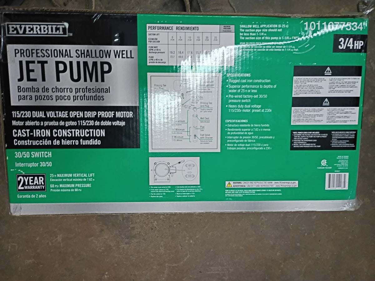Everbilt HDSWJ7 3/4 HP Cast Iron Shallow Well Jet Pump *For Parts *