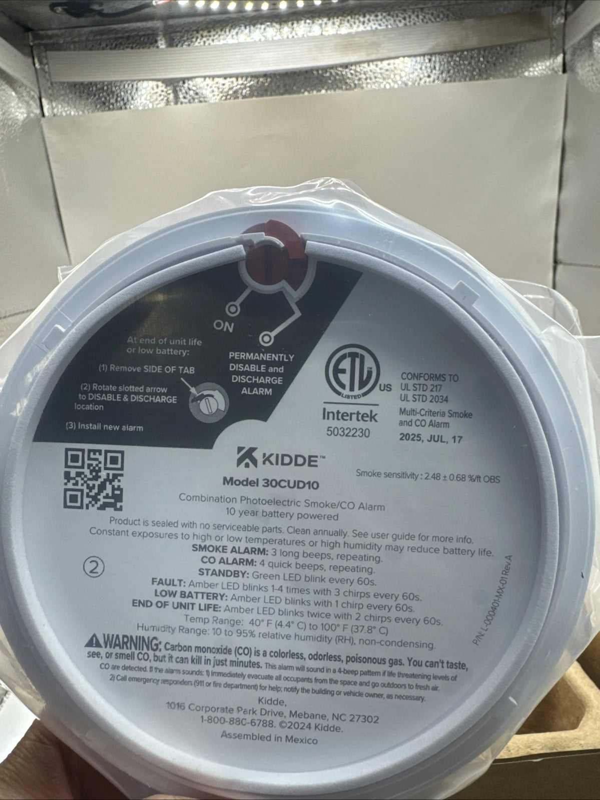 Kidde Smoke & CO Detector. 10-Year Battery, LED Warning Indicators 30CUD10