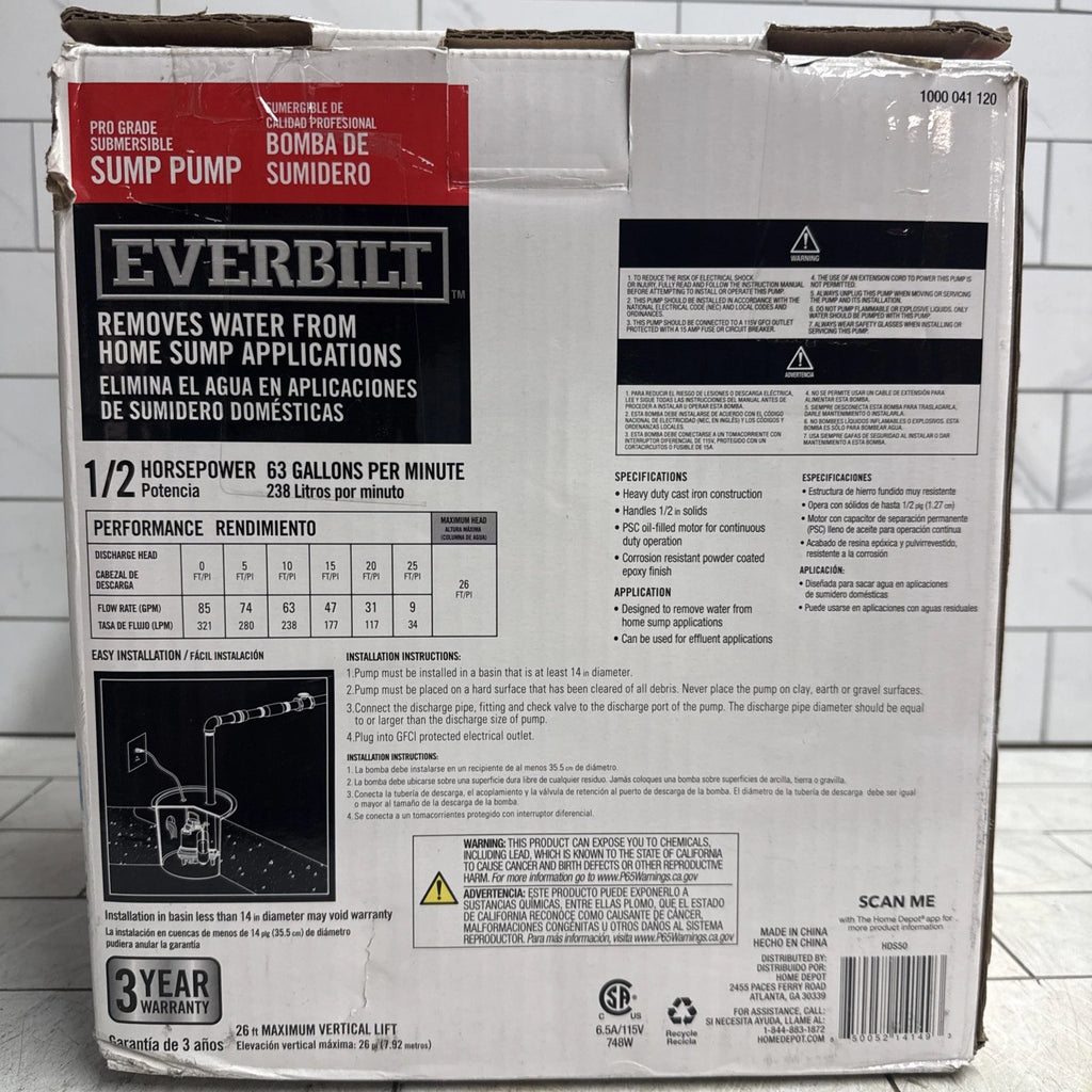 Everbilt HDS50- 1/2 HP Cast Iron Sump Pump W/ Vertical Float Switch NEW OPEN BOX