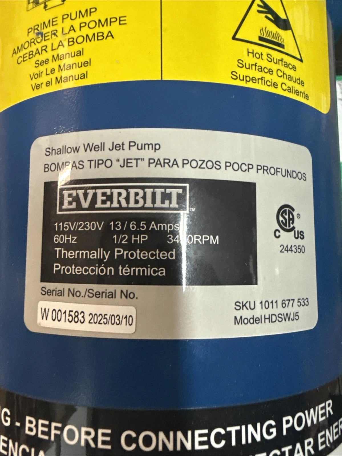 Everbilt Shallow Well Jet Pump Cast Iron 1/2HP HDSWJ5 NEW Open Box