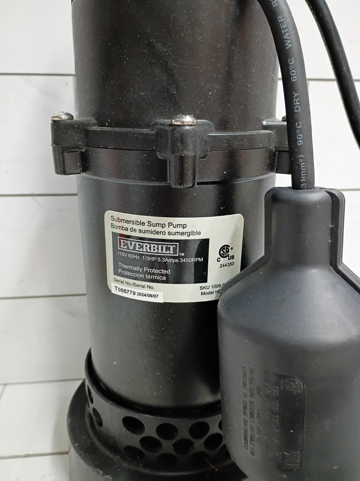 Everbilt 1/3 HP Corrosion Resistant Aluminum Sump Pump w/ Tether Switch Open Box