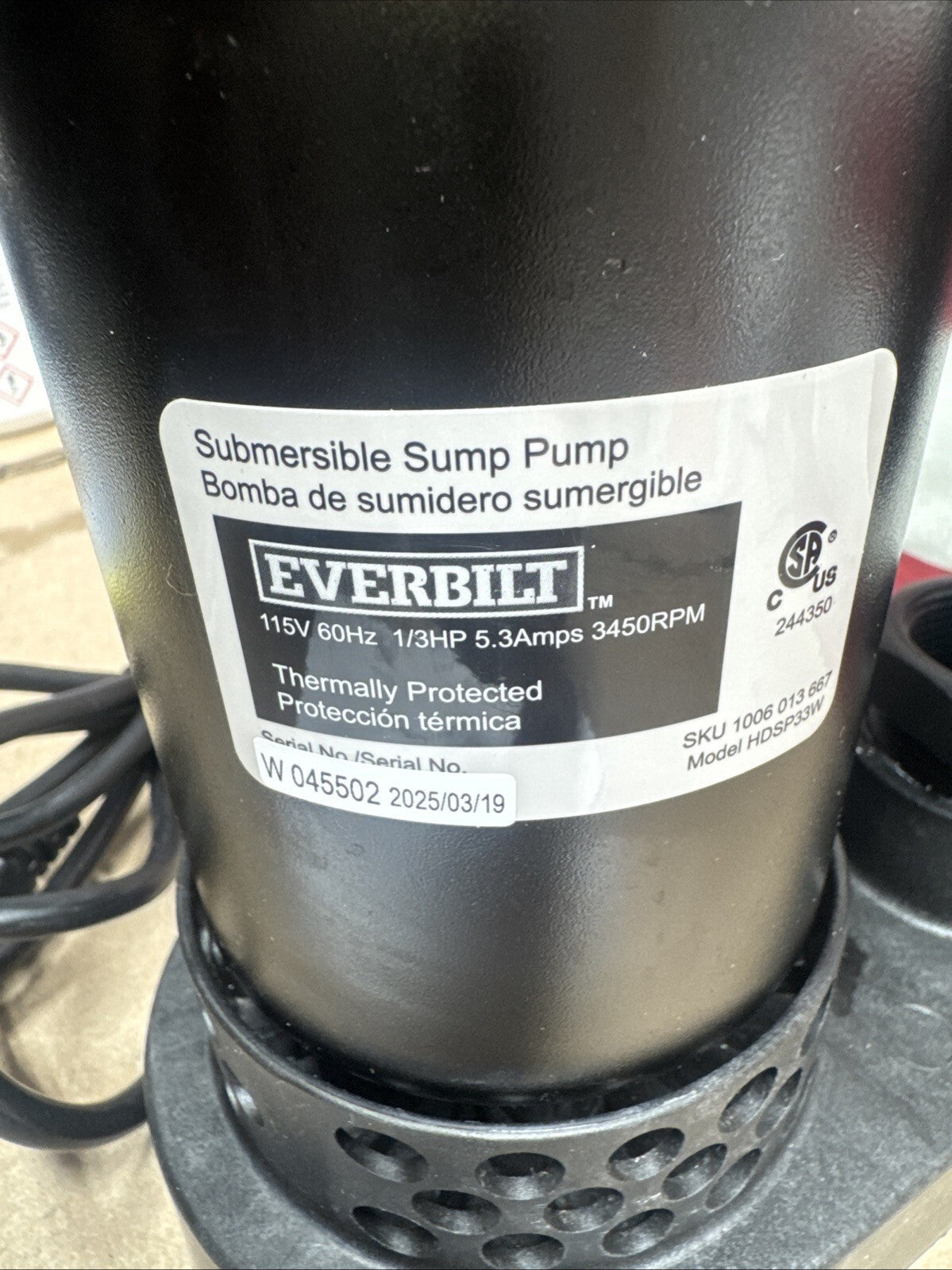 Everbilt 1/3 HP Corrosion Resistant Aluminum Sump Pump w/ Tether Switch NEW OB.