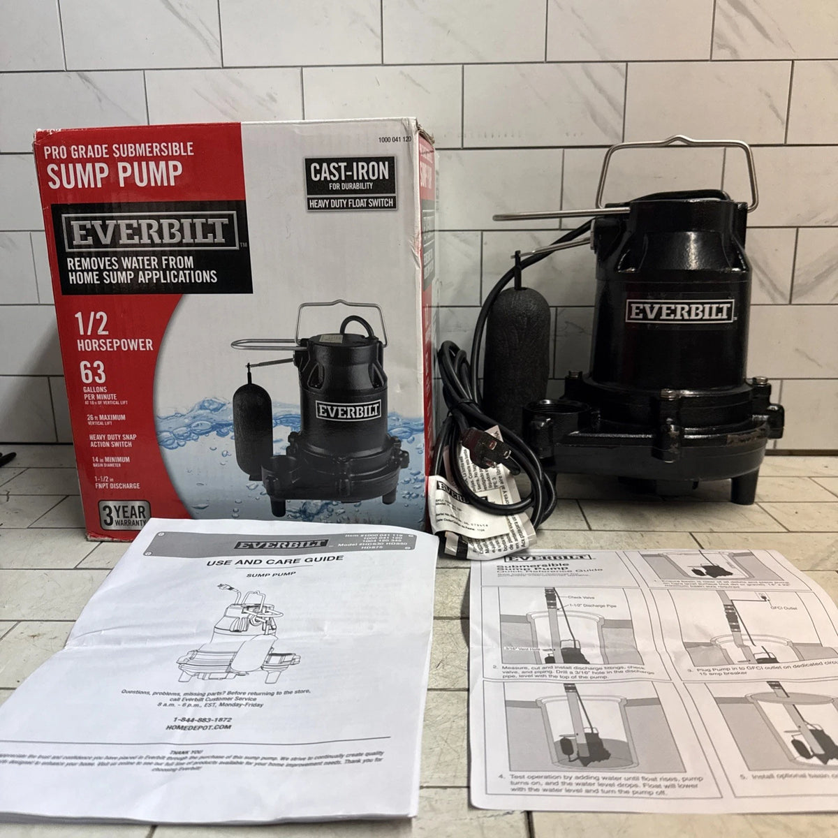 Everbilt HDS50 1/2 HP Cast Iron Submersible Sump Pump Used Good Condition