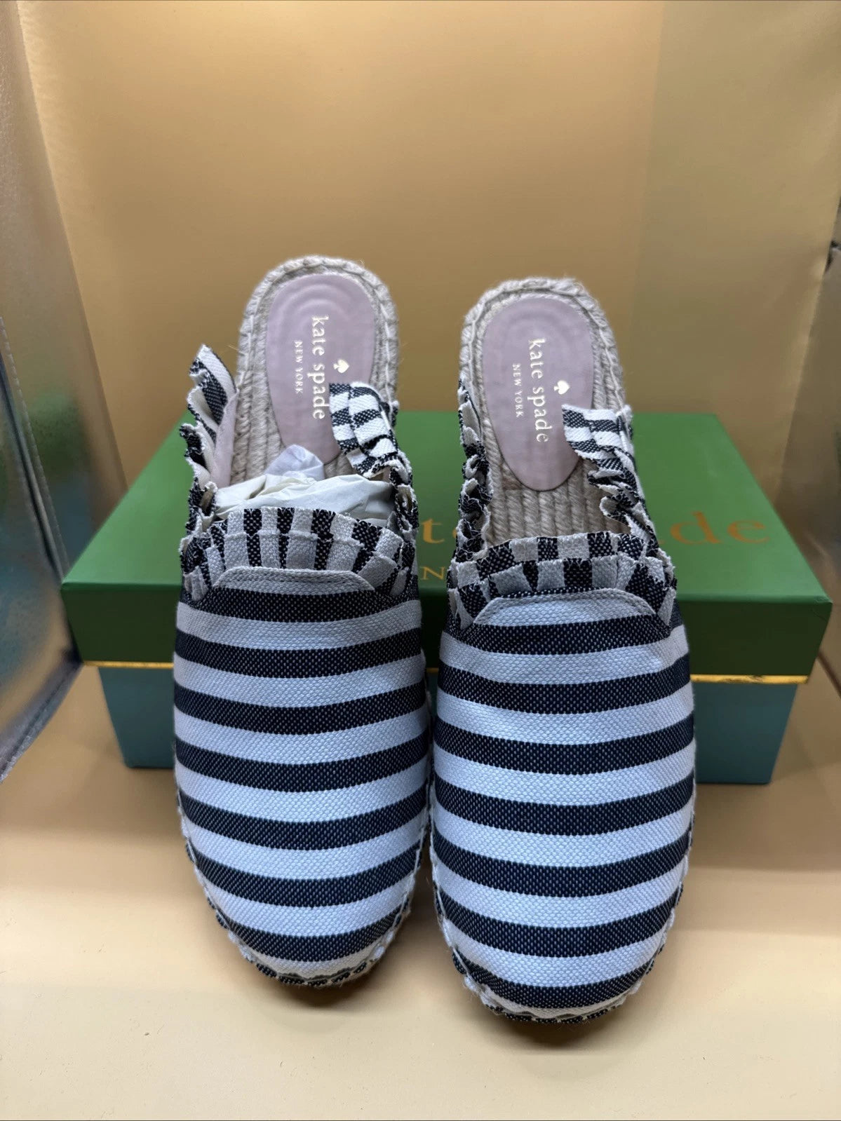 Kate Spade Stripe Espadrille Mules Size 10 Navy White Ruffled SlipOn Jute Resort