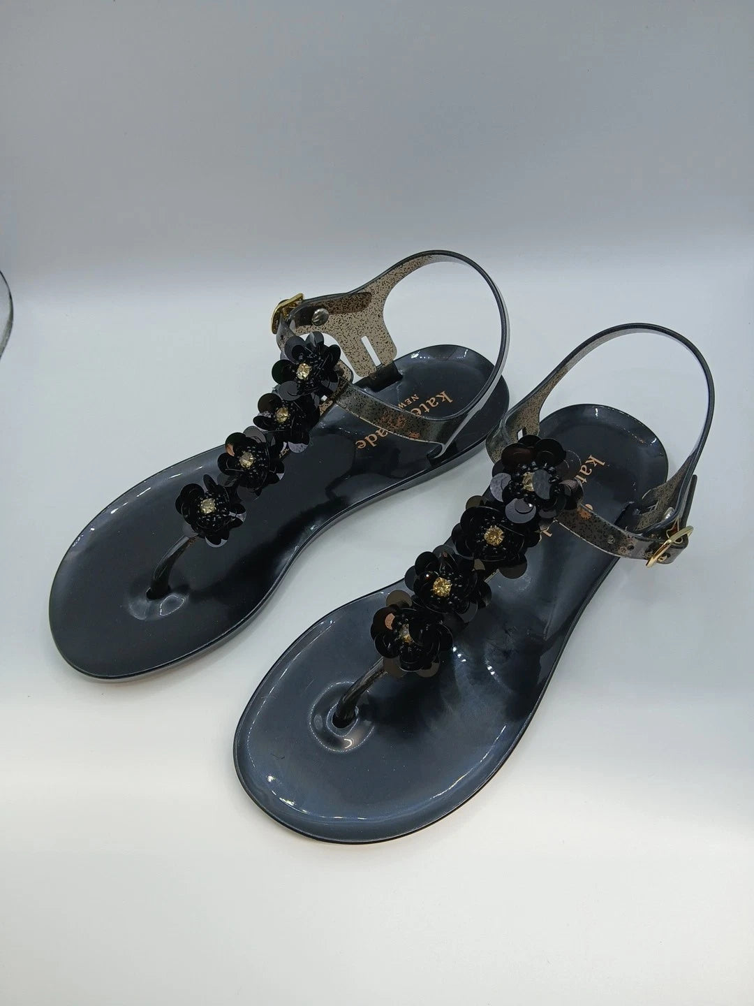 Kate Spade Black Sandals Women Size 5m Thong Style With Flower Detail