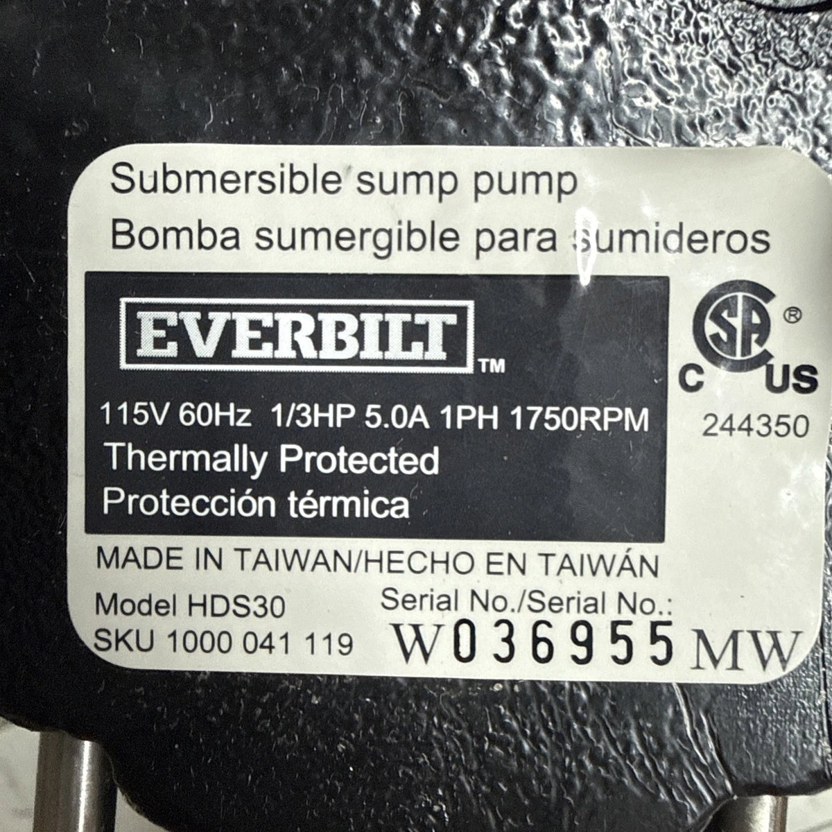 Everbilt HDS30 - 1/3 HP Cast Iron Submersible Sump Pump New Open Box