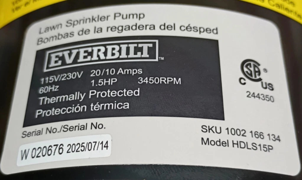 HDLS15P Everbilt Lawn Irrigation Pump Plastic 1-1/2HP Open Box