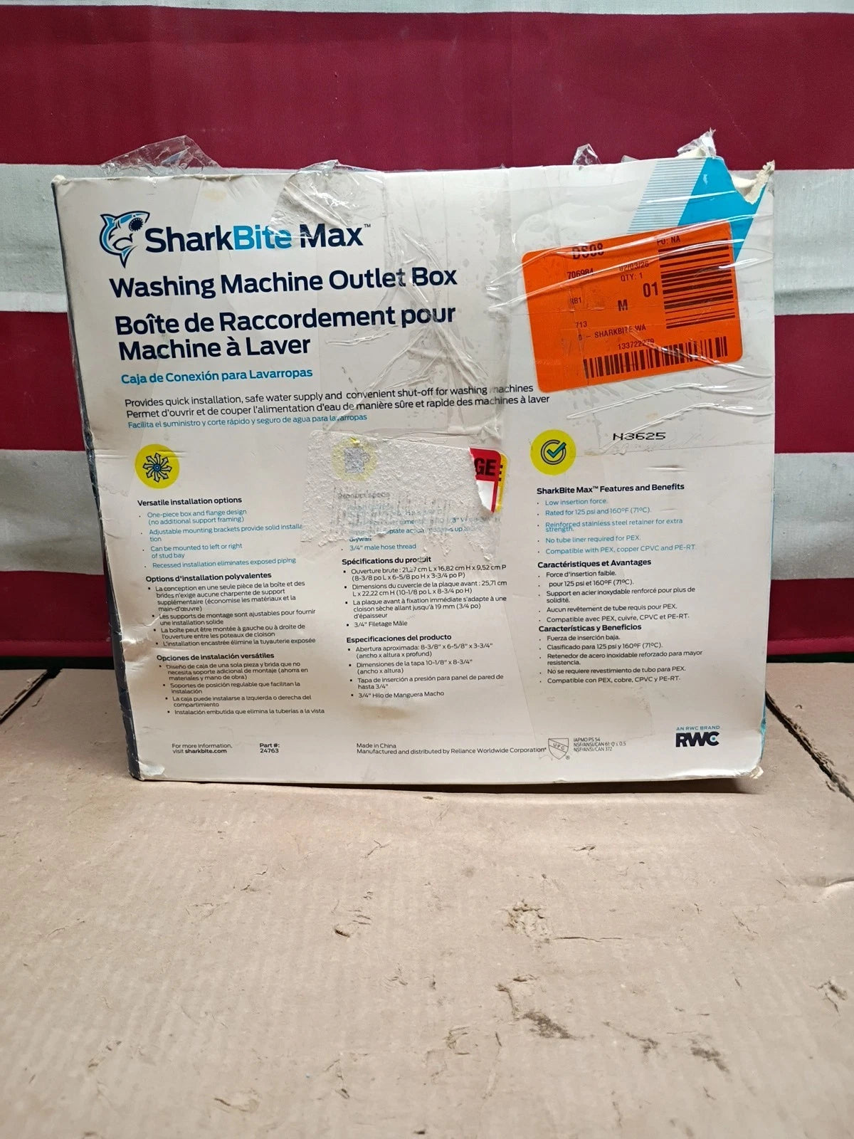 SharkBite 1/2 Inch x 3/4 Inch MHT Washing Machine Outlet Box Push to Connect NEW
