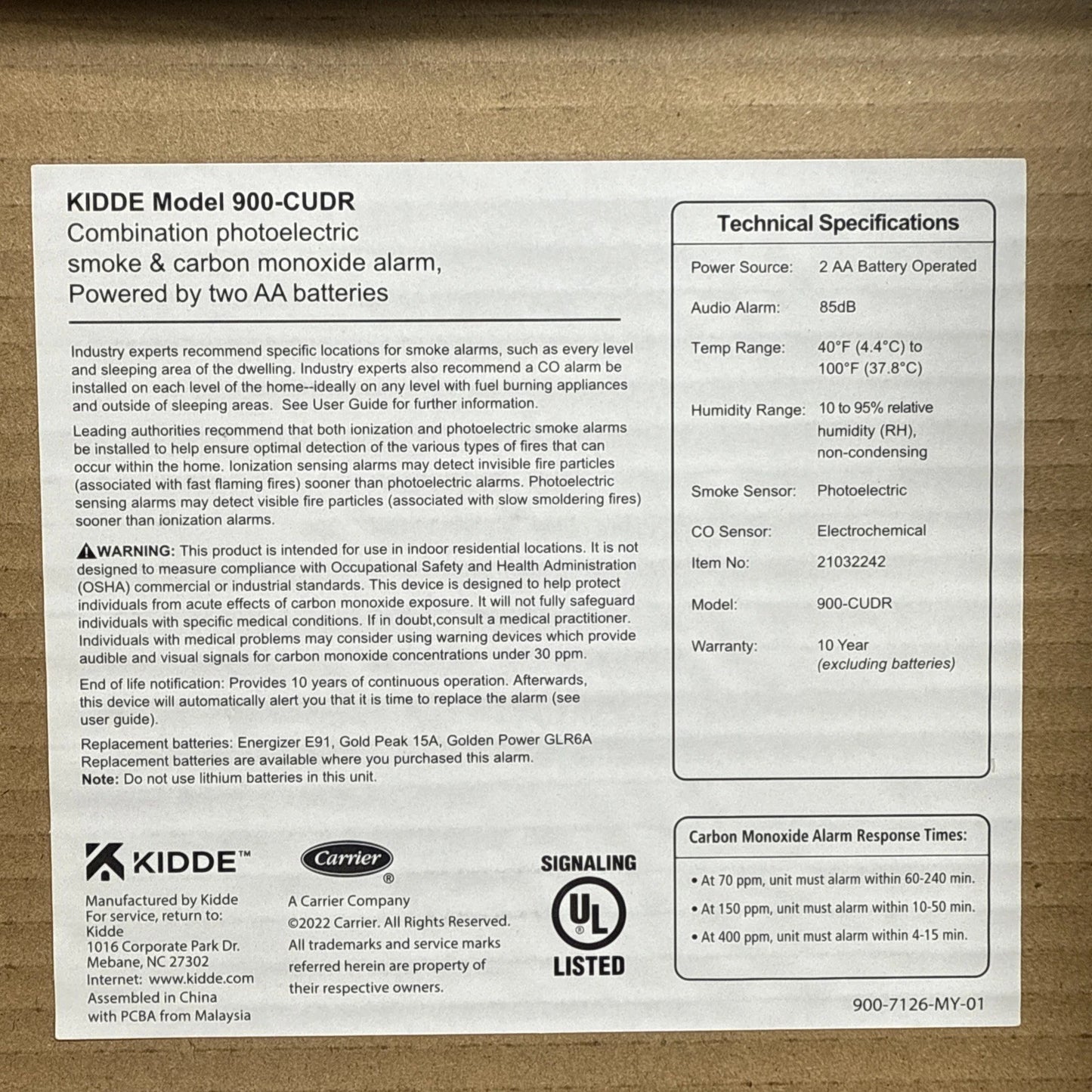 Kidde Smoke & CO Detector, AA Battery, LED, MAY 2023 (900-CUDR)