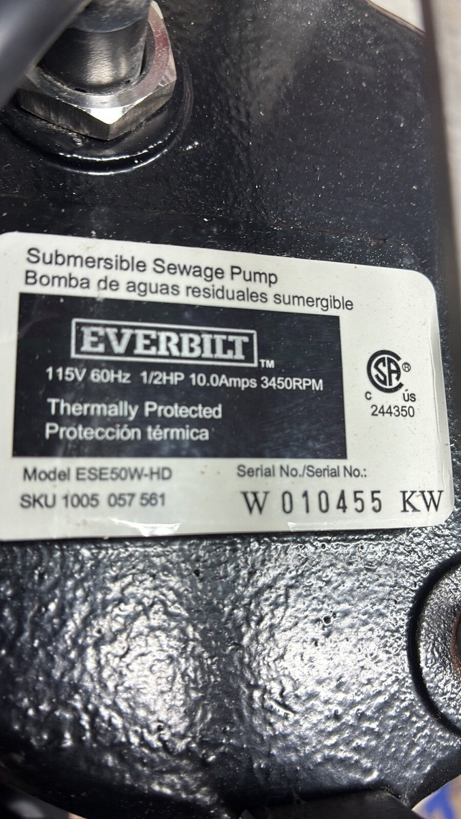 EVERBILT ESE50W-HD 1/2 HP 125GPM 115V Cast Iron submersible Sewage Ejector Pump