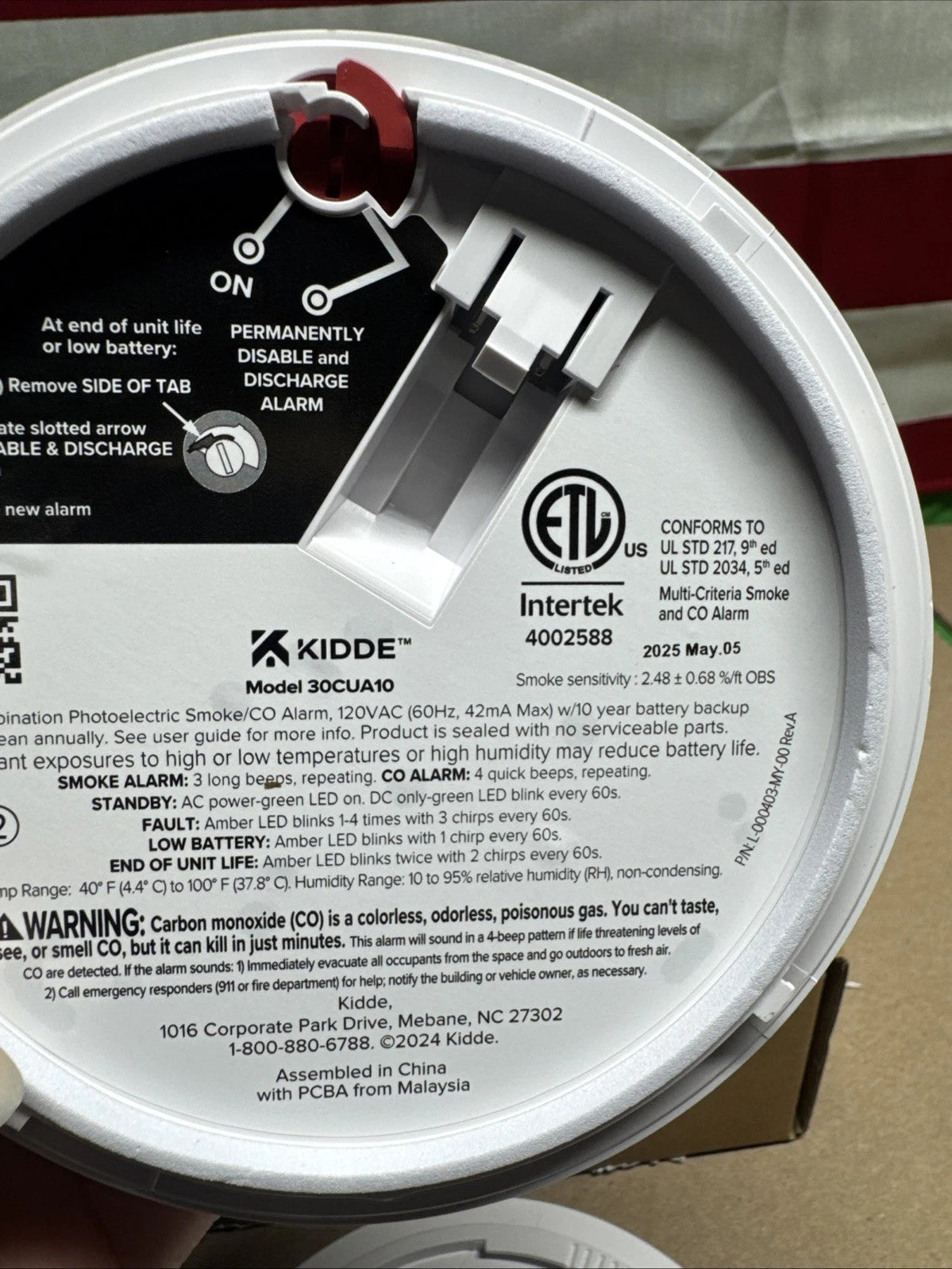 Kidde Combination Photoelectric Smoke & Carbon Monoxide Alarm 30CUA10