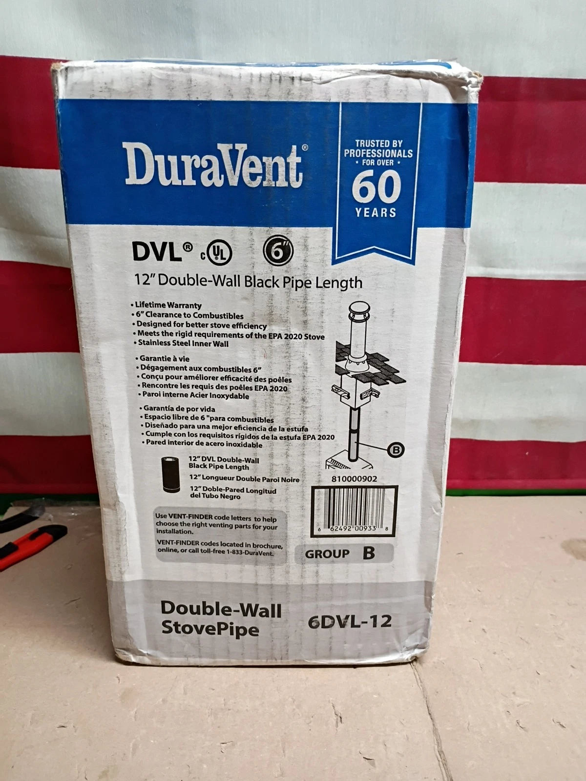 DurvaVent 6DVL-12 6 in Wide Double Wall Stove Pipe 12 in Length, Black