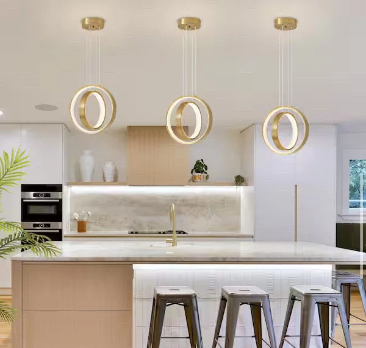 Deyidn Modern 2-Light Dimmable Integrated LED Gold Pendant Light Ring Chandelier