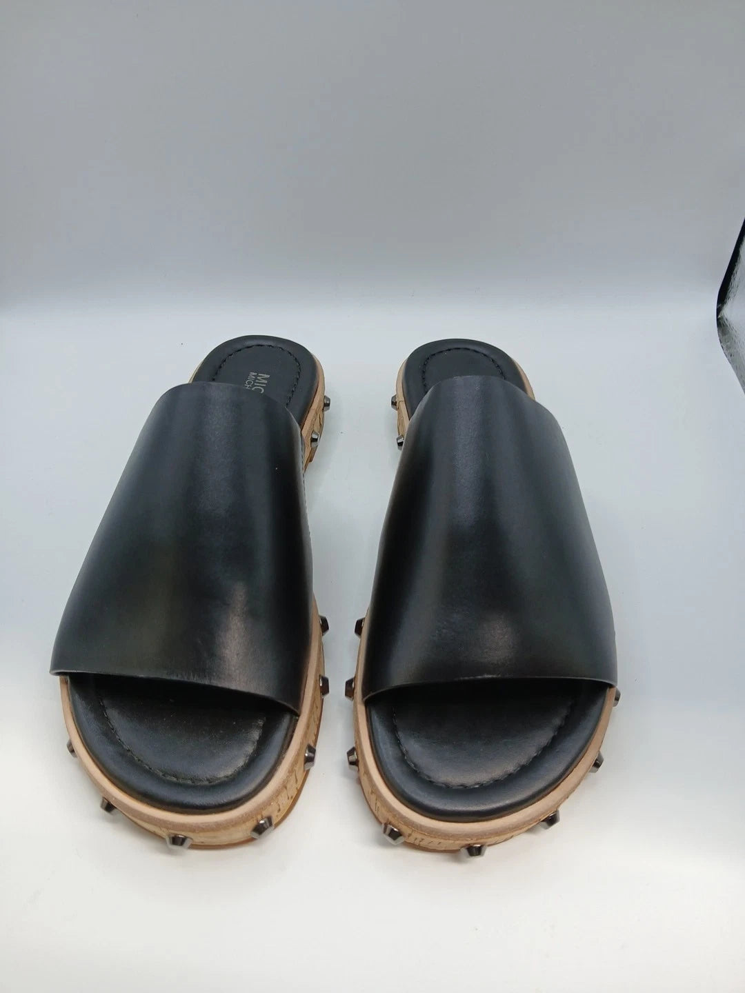 Michael Kors Ellen Slide Sandals Shoes Black Leather Rivets Accent Size 5M