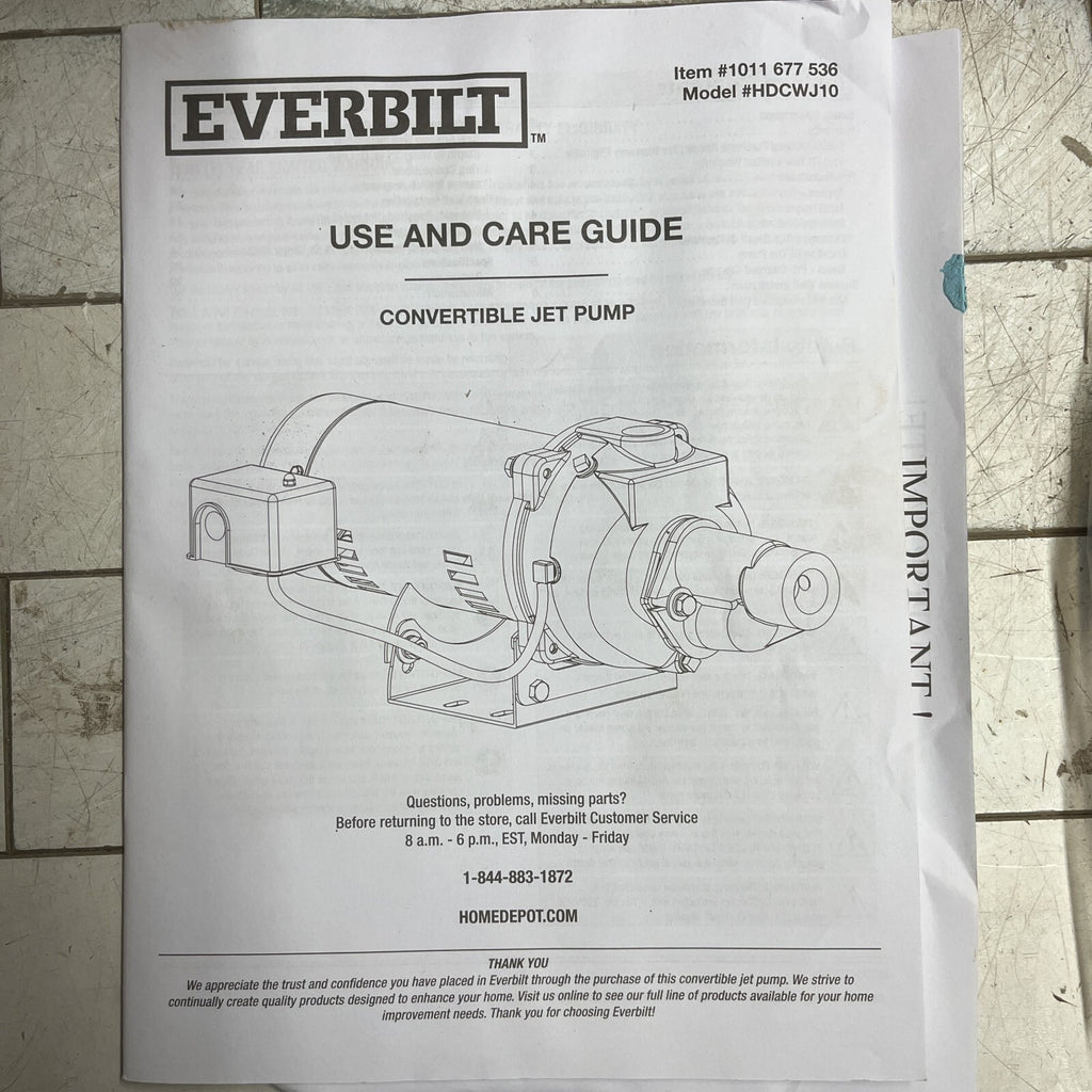 Everbilt HDCWJ10, 1 HP 115/230 Volt Professional Convertible Jet Pump PARTS ONLY