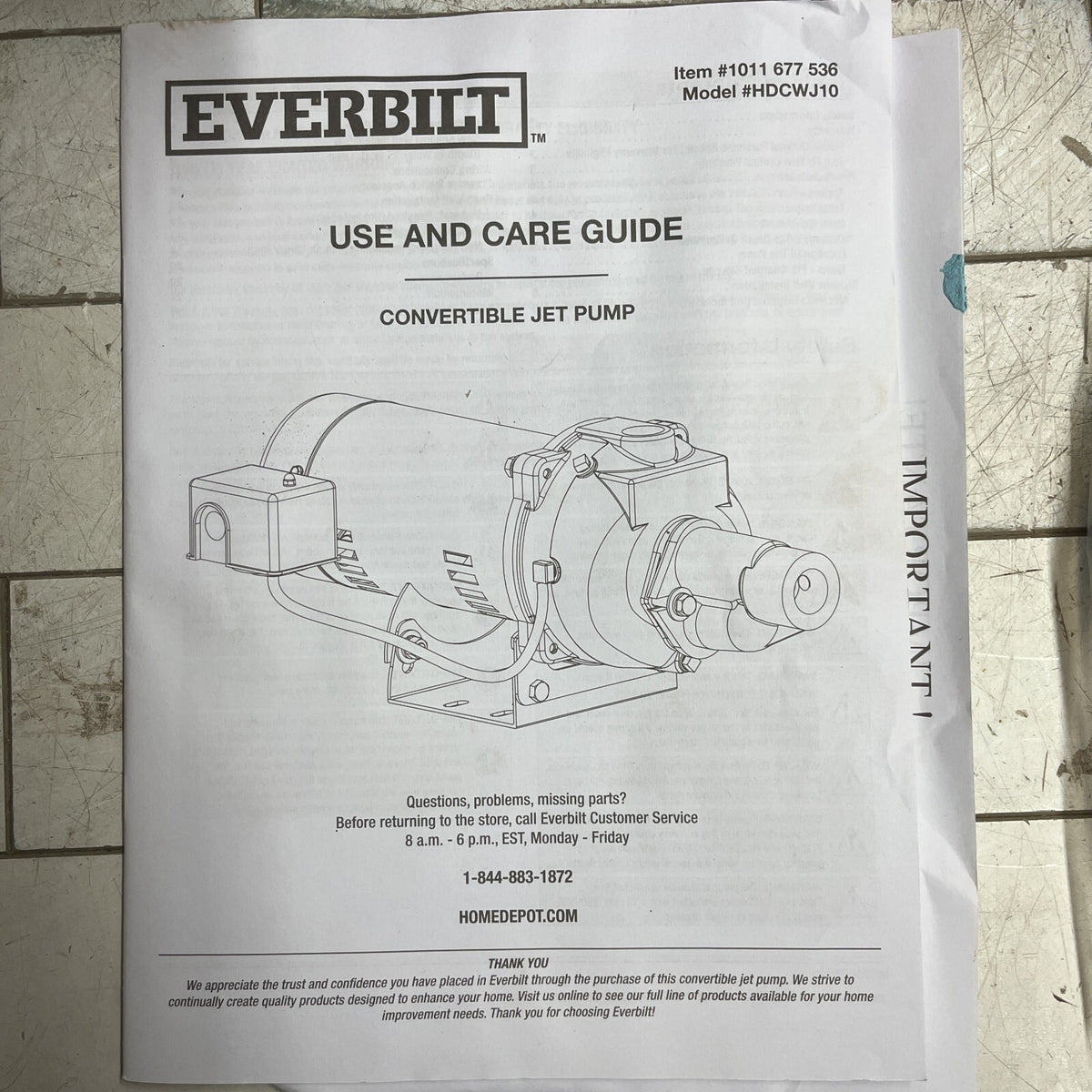 Everbilt HDCWJ10, 1 HP 115/230 Volt Professional Convertible Jet Pump PARTS ONLY