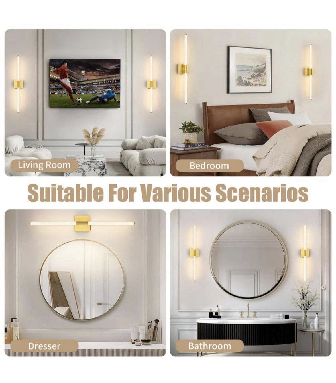 24 in. Brushed Gold Battery Operated Wall Sconce (Set of 2)360° Rotatable(Read⬇️