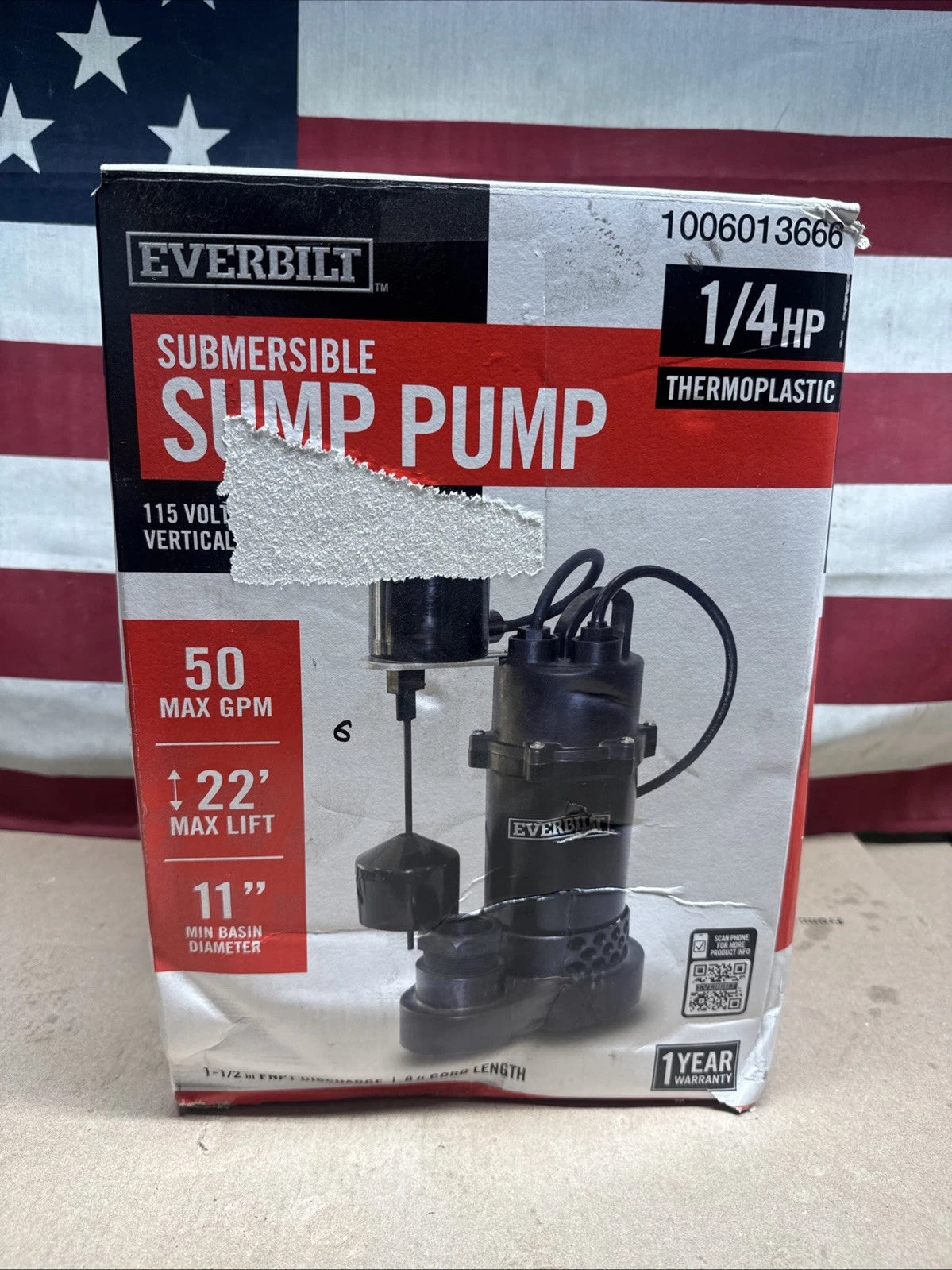 Everbilt HDSP25V 1/4 HP Aluminum Submersible Sump Pump Vertical Switch Open Box