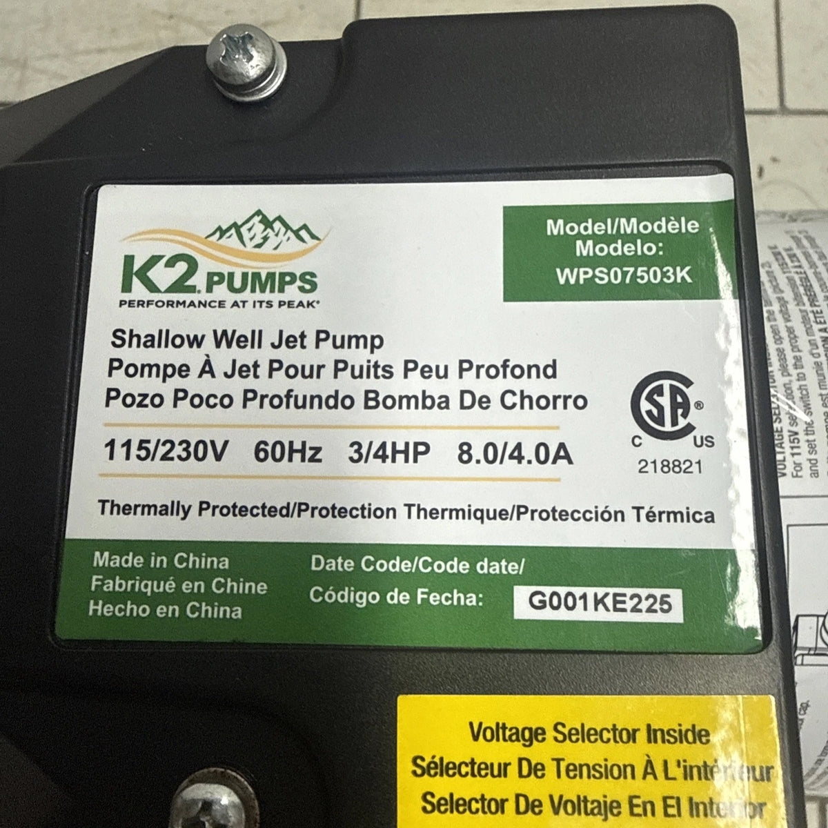 K2 Pumps Shallow Well Jet Pump 3/4 Hp Lead Free Thermoplastic 115/230V OPEN BOX
