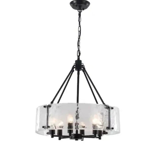 19.68 in. 6-Light Matte Black Drum Chandelier with Glass Shade and No Bulbs OB