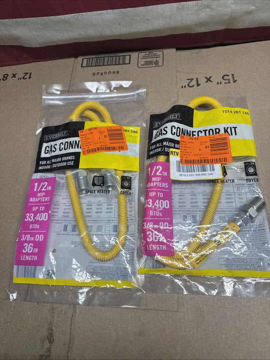 2PK EverbiltEBHC-Y-44-36, 36” Gas Connector Kit 1/2” MIP 3/8” OD 33,400 BTU, OB,