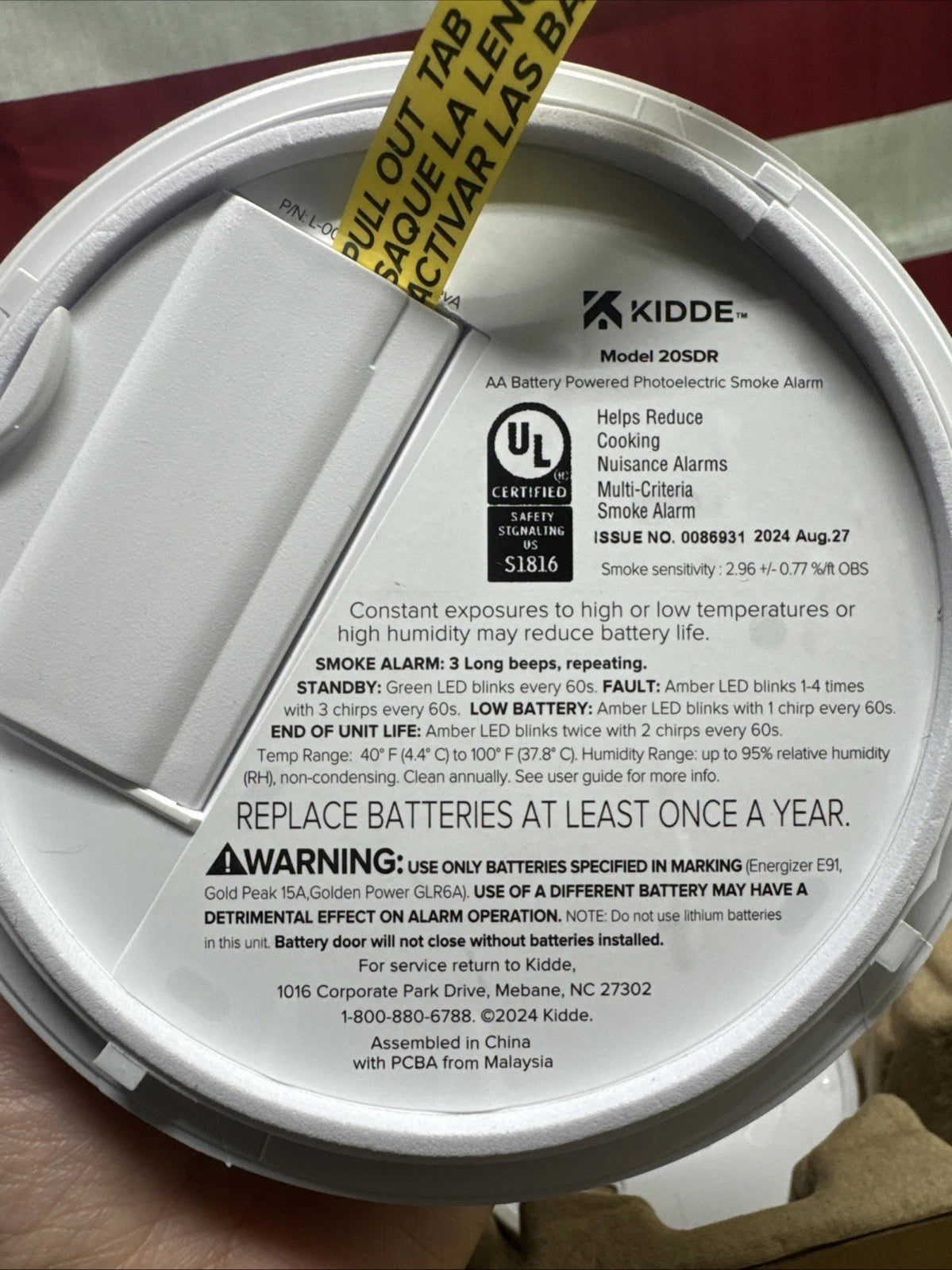 KIDDE 20SDR Photoelectric Smoke Alarm AA Battery Powered LED. Warning