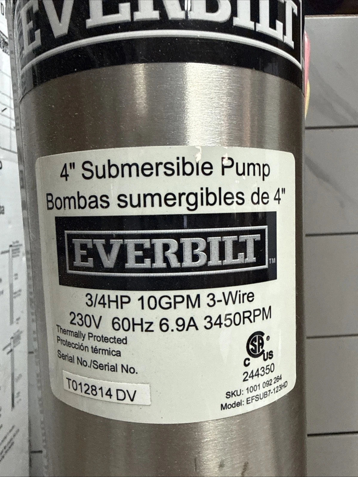Everbilt EFSUB7-123HD, 3/4 HP Submersible 3 Wire 10 GPM Deep Well Water Pump, OB
