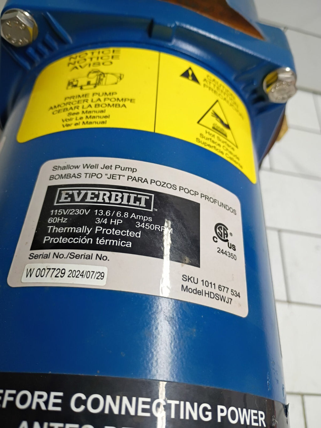 Everbilt HDSWJ7 3/4 HP Cast Iron Shallow Well Jet Pump *For Parts *