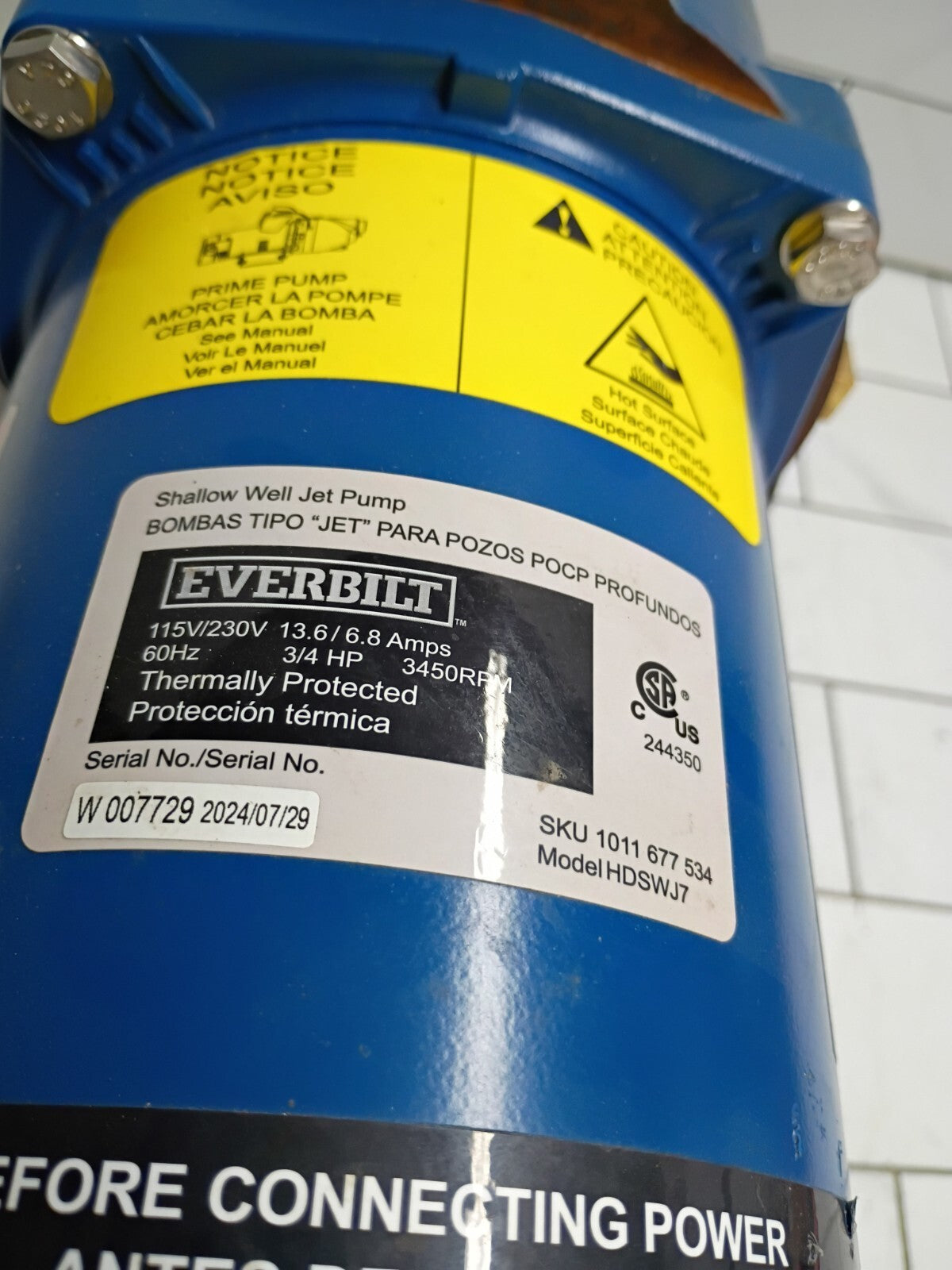 Everbilt HDSWJ7 3/4 HP Cast Iron Shallow Well Jet Pump *For Parts *