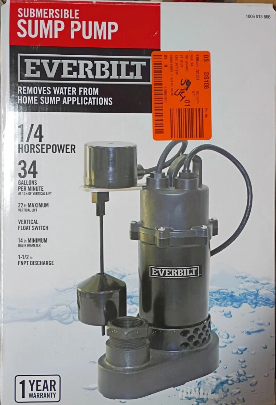 Everbilt 1/4 HP Aluminum Sump Pump Vertical Switch Open Box