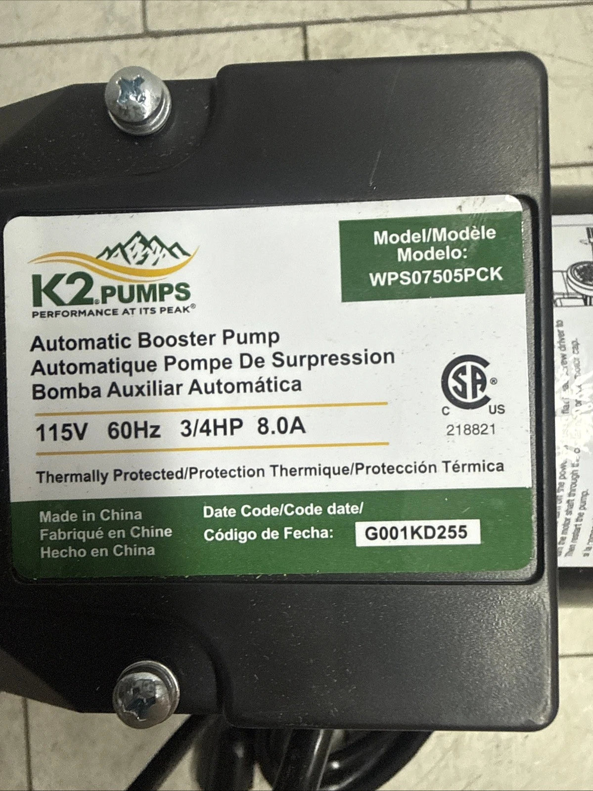 K2 Pump WPSO7505PCK Automatic Booster Pump 3/4HP Stainless Steel Controller 115V
