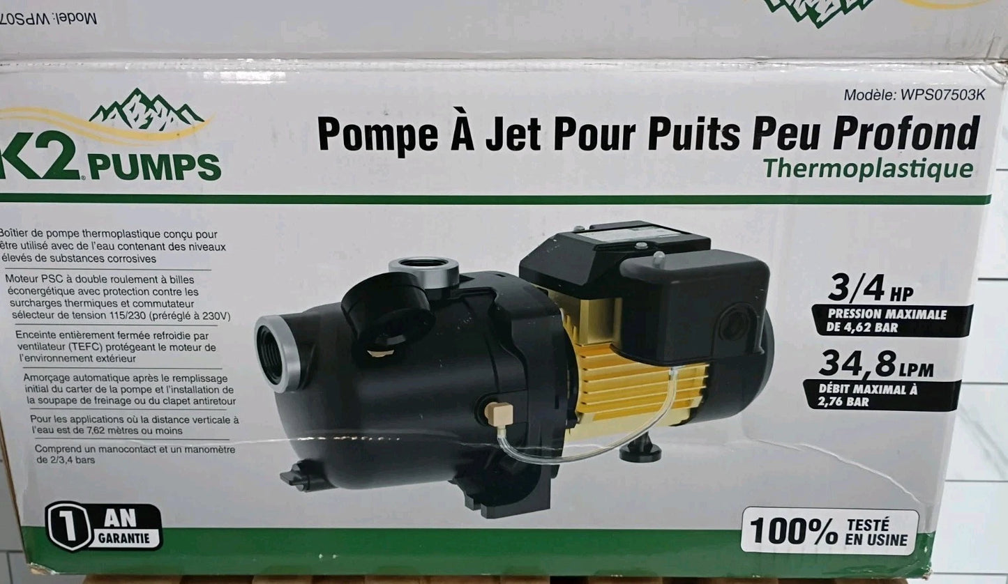 K2 Pumps Shallow Well Jet Pump 3/4 Hp Lead Free Thermoplastic 115/230V OPEN BOX