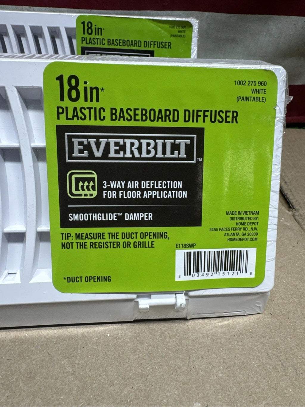 2PK Everbilt 18 in. 3-Way Plastic Baseboard Diffuser Supply - White.