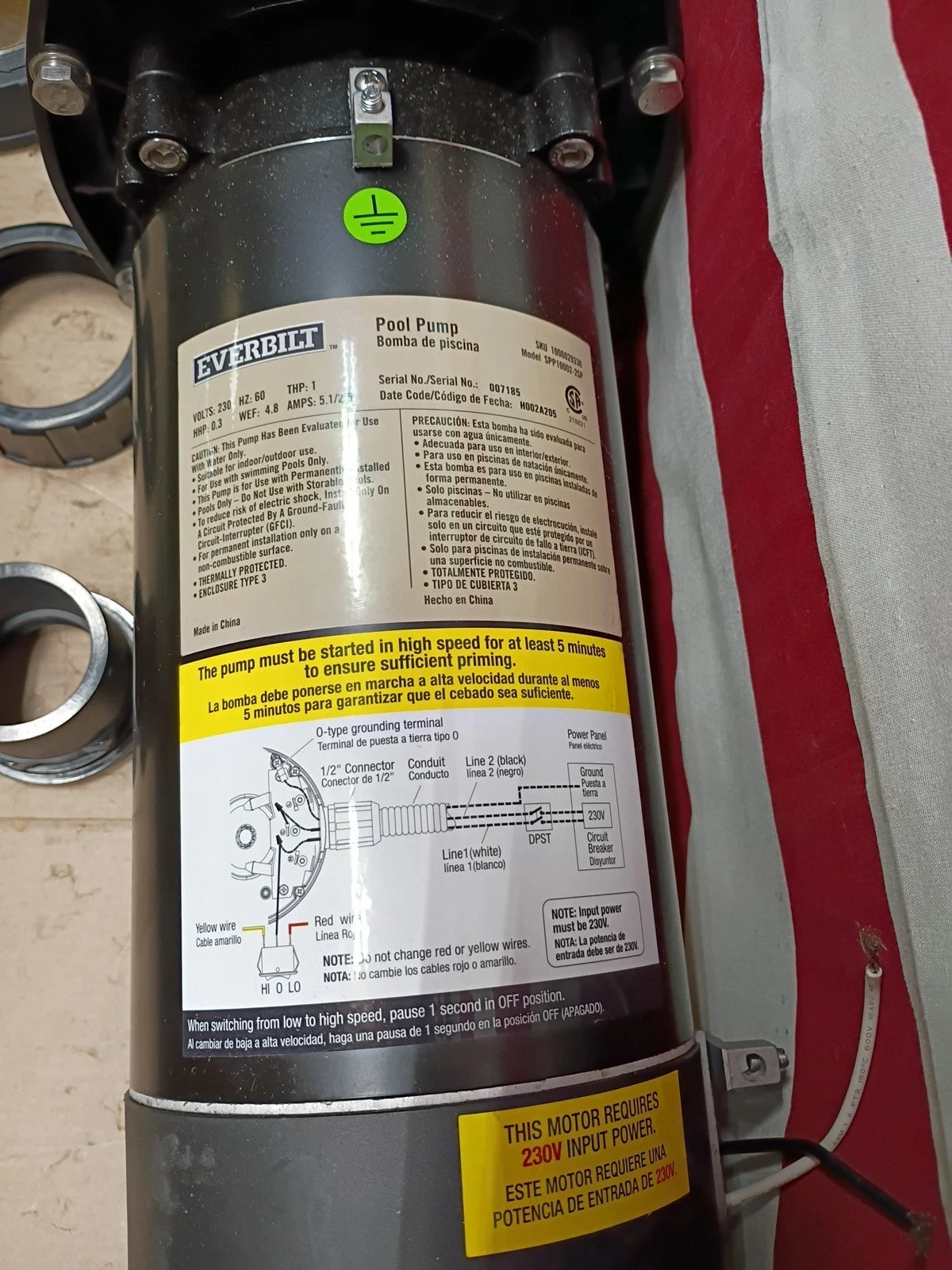 Everbilt 1HP 2 Speed Pool Pump 230 Volt Motor Above In ground Water 75 GPM, OB,