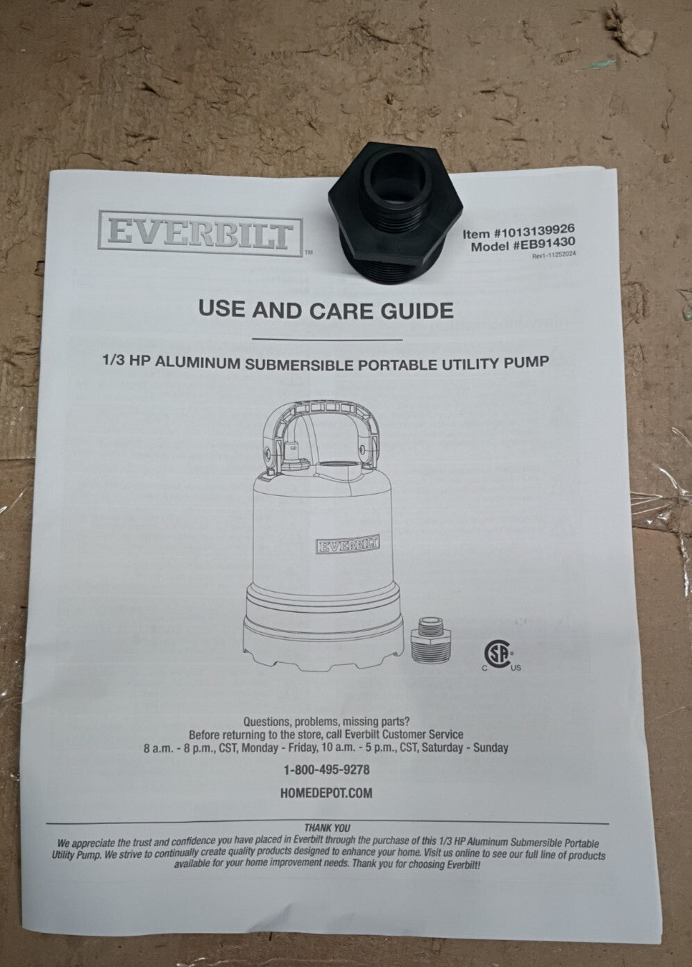 Everbilt EB91430 1/3 HP Submersible Aluminum Utility Pump, Open Box,