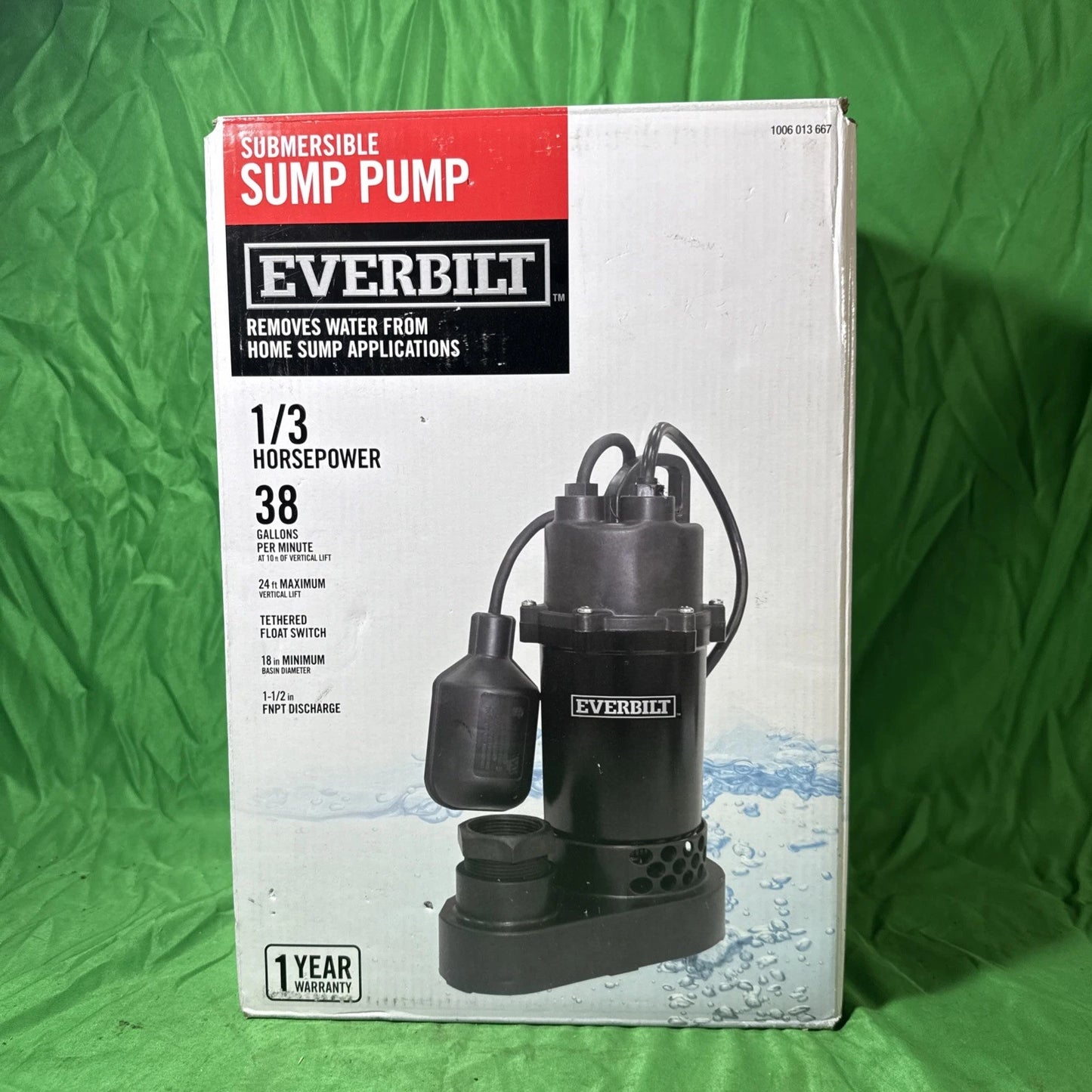 Everbilt 1/3 HP Corrosion Resistant Aluminum Sump Pump w/ Tether Switch NEW OB..