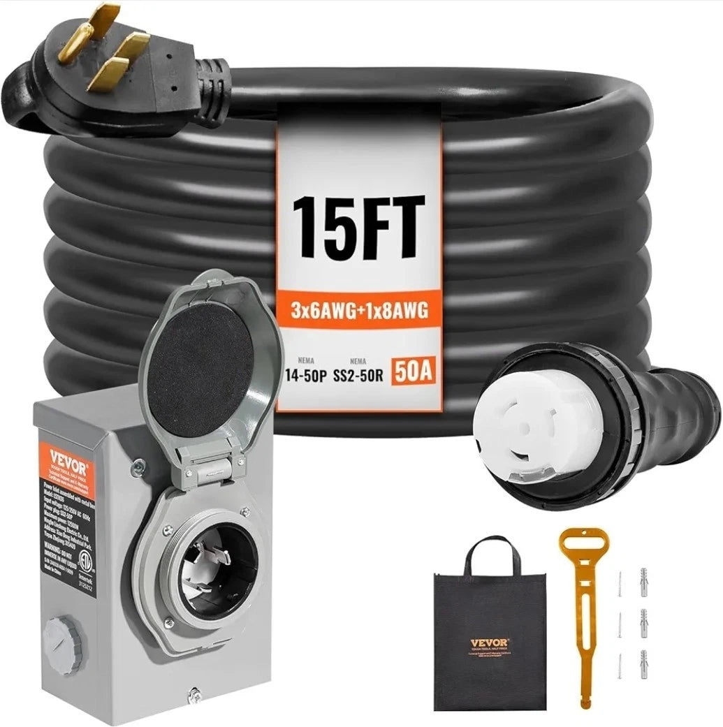 VEVOR 50 Amp Generator Cord and Power Inlet Box Kit, 25FT Generator Extension