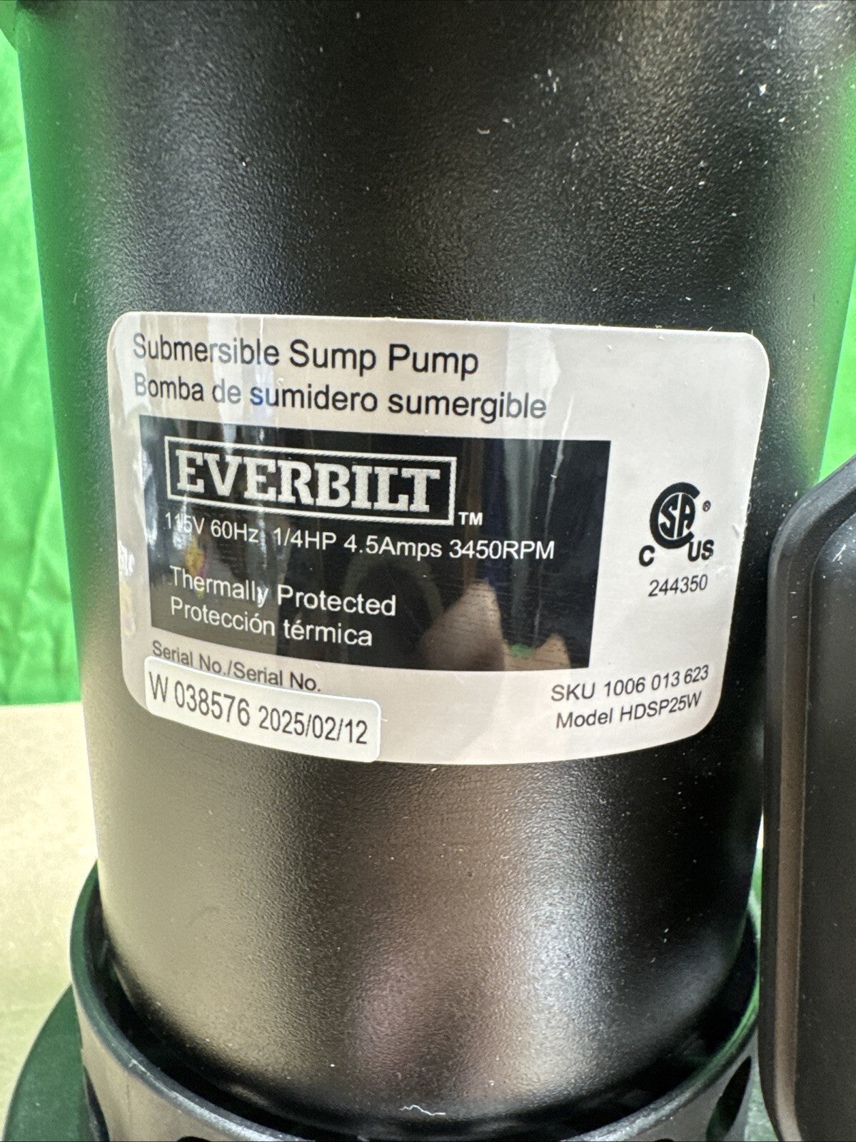 Everbilt 1/4 HP Aluminum Sump Pump w/ Tether Float Switch HDSP25W NEW OPEN BOX.